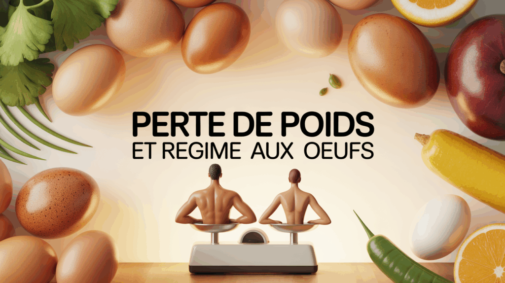 Personnages de dos devant une balance, oeufs et légumes, titre perte de poids régime oeufs