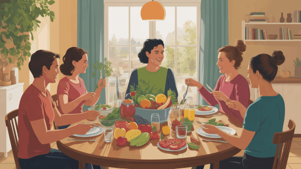 Table chaleureuse partage de repas reequilibrage alimentaire