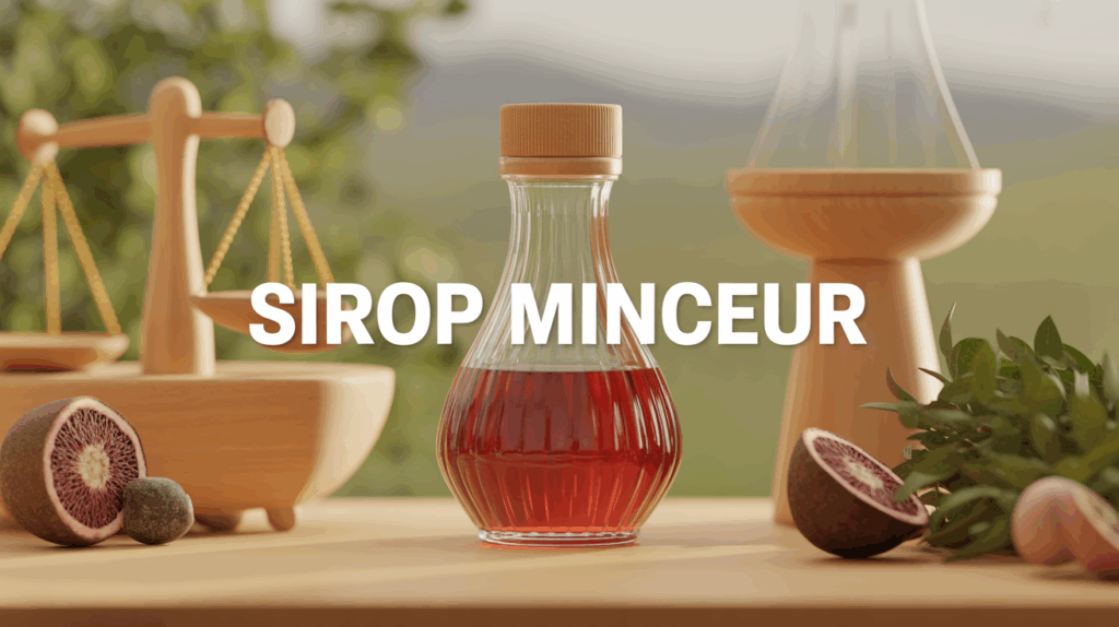 Sirop minceur vue bouteille et balance silhouette perte de poids