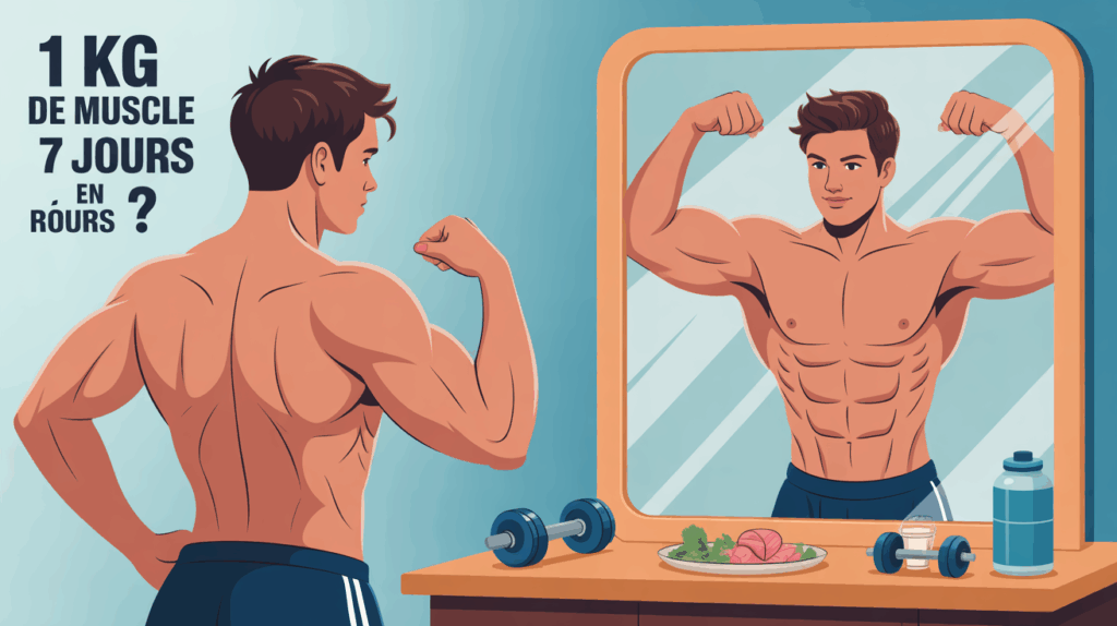 jeune sportif devant miroir transformation 1 kg de muscle en 7 jours