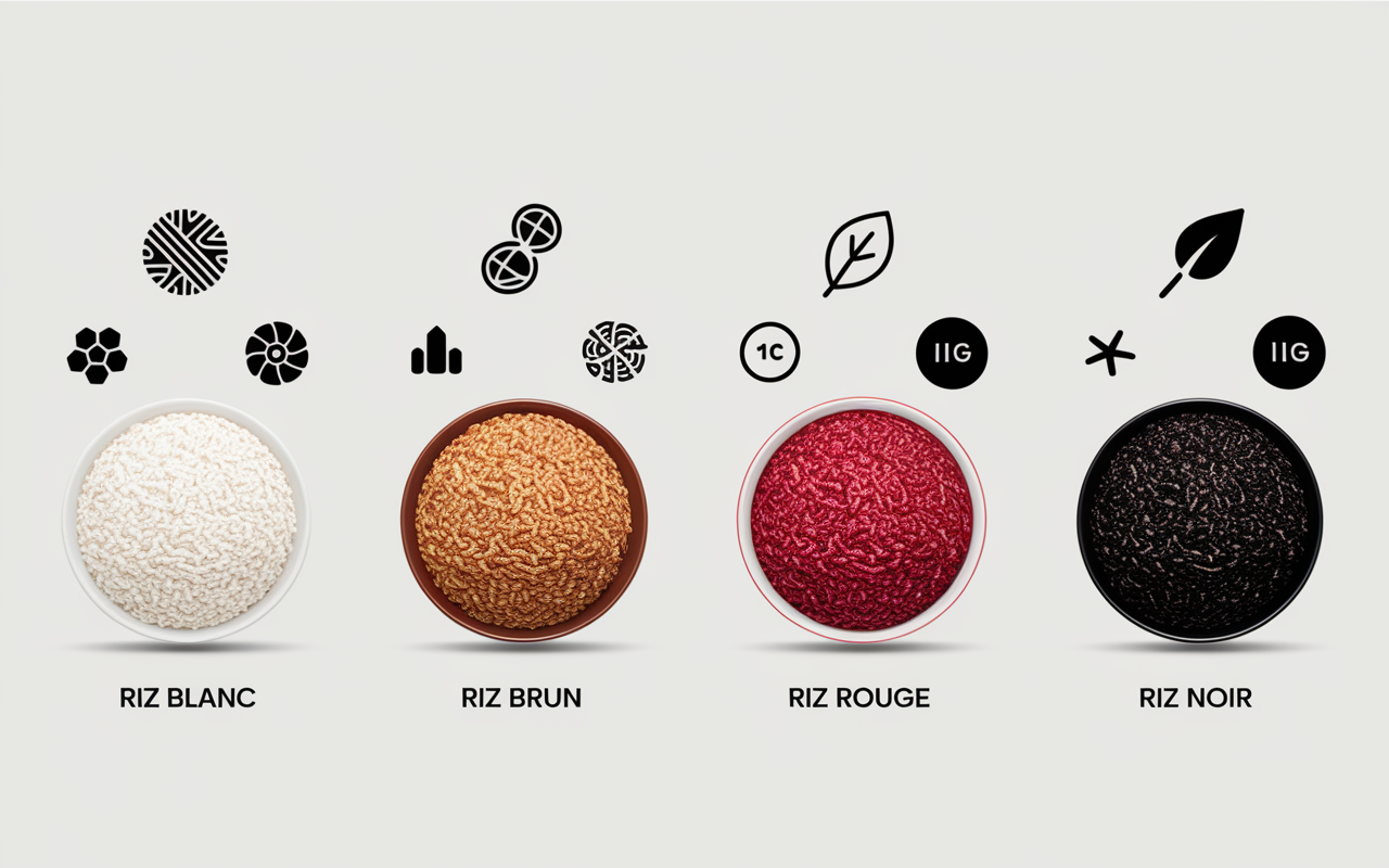 Quatre bols de riz variés comparés visuellement