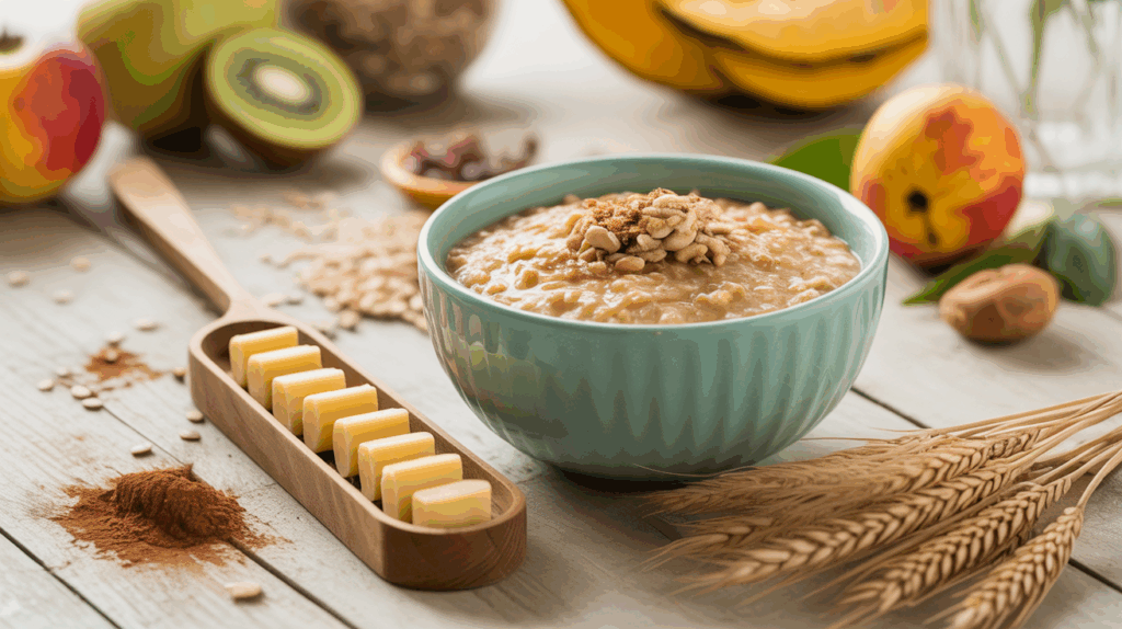 Porridge au beurre de cacahuete avec fruits et graines sur table healthy