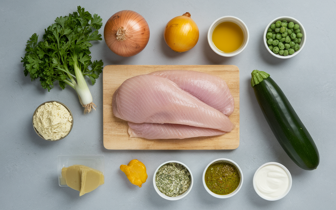 Ingrédients principaux et variantes pour pâtes au poulet