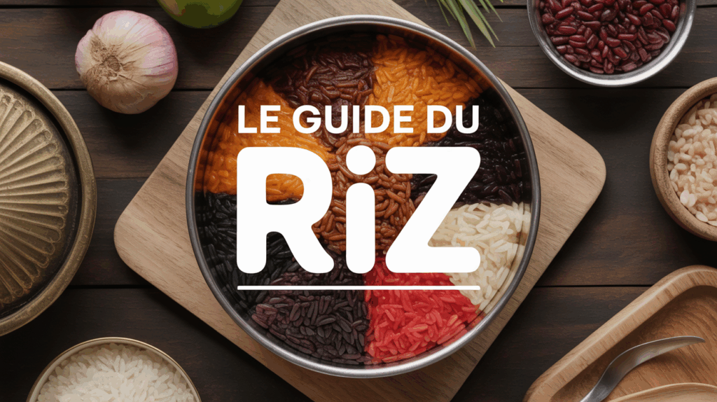 Bol de riz coloré, brun, rouge, noir, blanc, sur table en bois