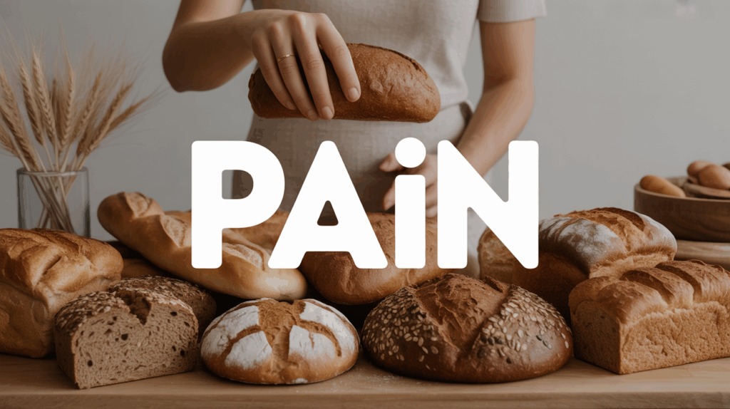Variétés de pains sur table familiale, main prenant du pain