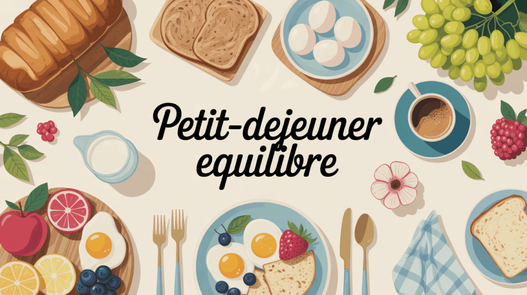 table petit dejeuner équilibre pain complet œufs fruits café