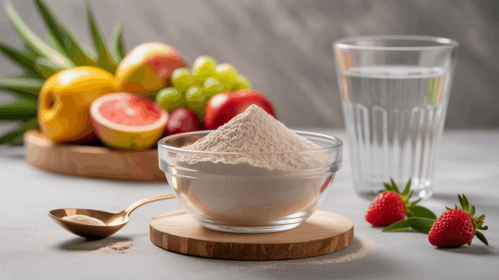 psyllium perte de poids bol poudre cuillère eau fruits