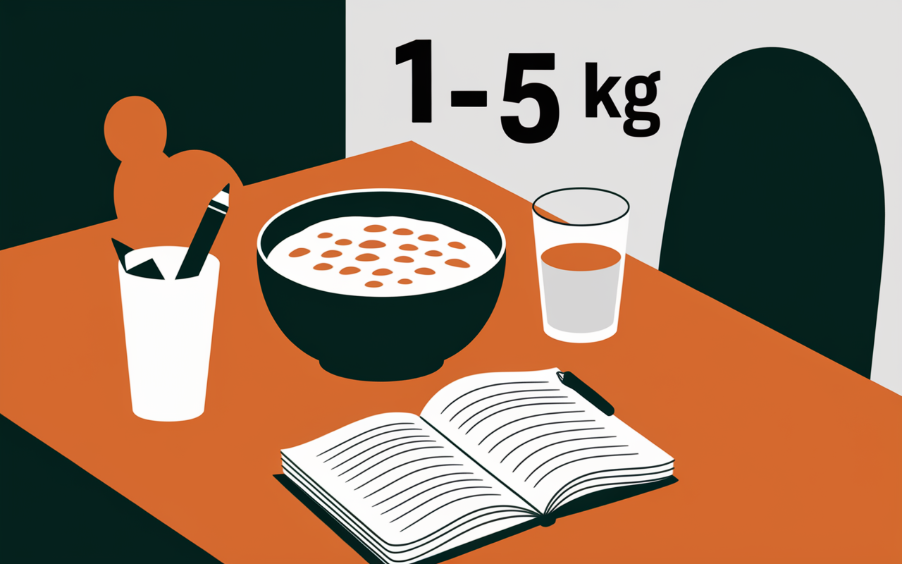 table avec bol de porridge, verre d'eau, carnet, silhouettes, regime avoine 5 jours, 1 a 5 kg