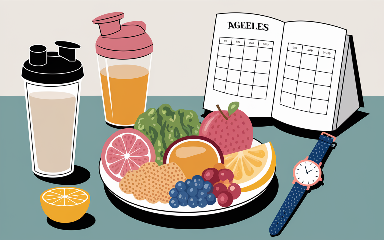 shaker substitut de repas proteine barre assiette fruits legumes cereales montre agenda