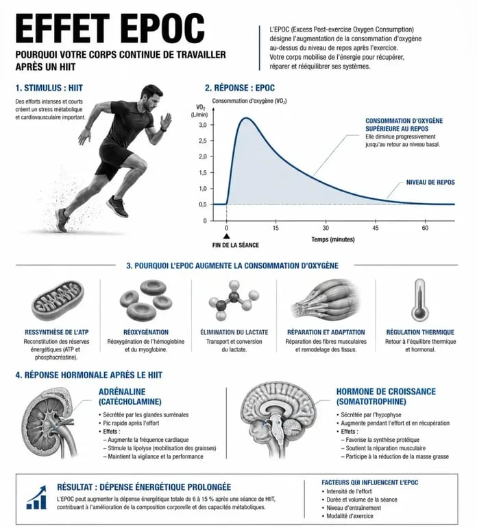 Infographie expliquant l'effet EPOC et les mécanismes physiologiques du HIIT pour la perte de poids
