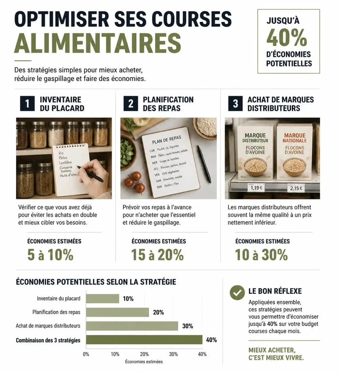 Infographie sur les stratégies pour optimiser sa liste de courses alimentaires et réduire son budget