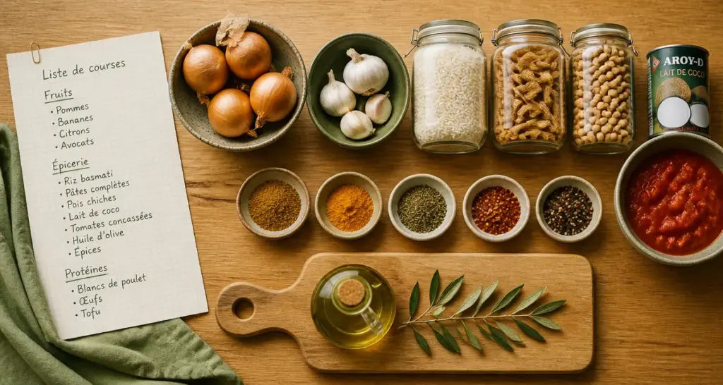 Liste courses alimentaires en catégories : fruits, épicerie, protéines pour réduire le budget.