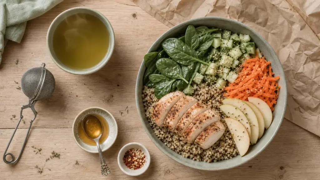 Aliments brûle graisse pour thermogenèse et satiété, repas rassasiant au quinoa et poulet, thé vert et piment-gingembre