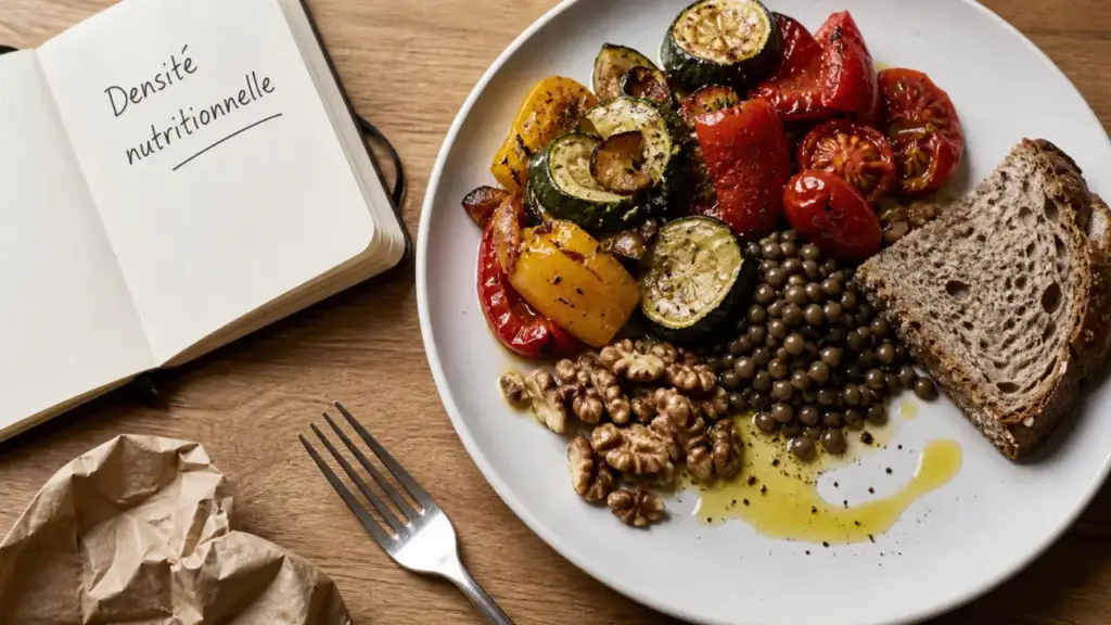 Aliment bon pour la santé : légumes rôtis, lentilles, noix