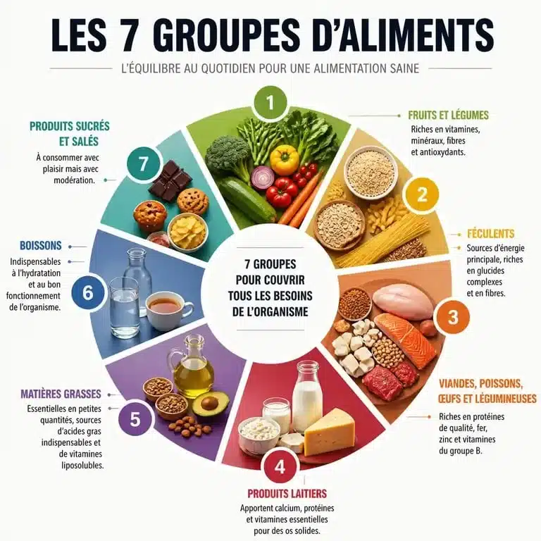 Tableau visuel des 7 groupes d'aliments et leurs apports nutritionnels
