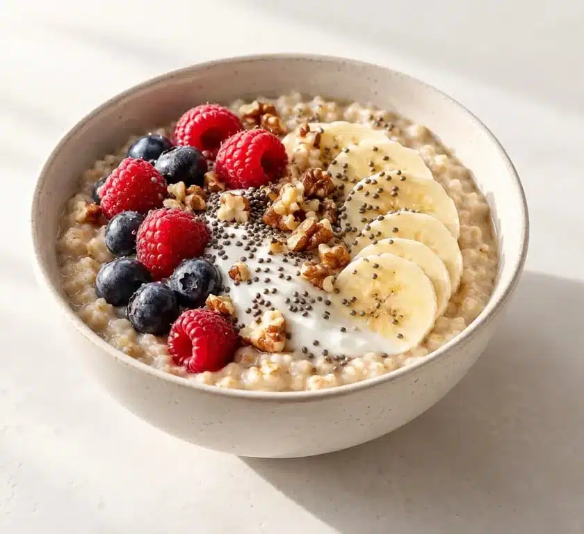 Petit déjeuner équilibré recette de porridge à la banane, au yaourt, aux noix et aux fruits rouges