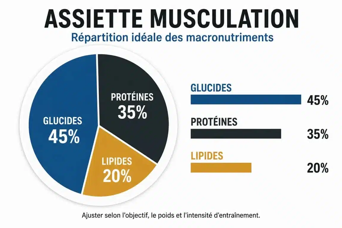 Infographie nutrition pour la musculation : répartition des macronutriments dans l'assiette