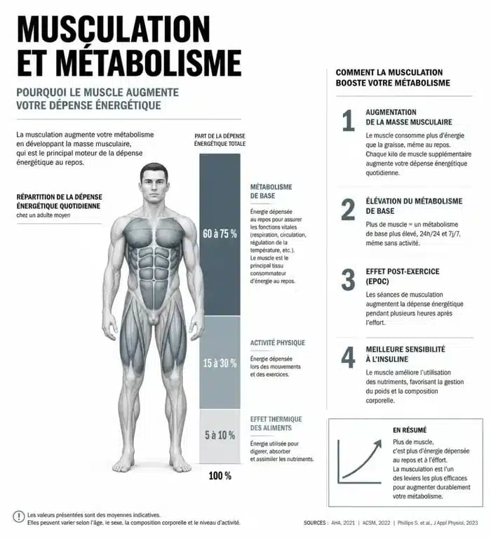 Infographie sur le lien entre métabolisme et musculation et la dépense énergétique quotidienne