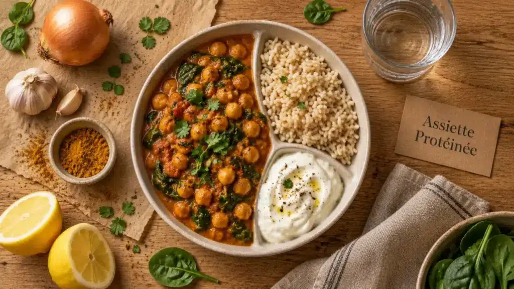 Repas riche en proteine : assiette protéinée pois chiches aux épinards et riz